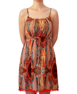 Κοντό Βαμβακερό Φόρεμα με χρωματιστά Pom-Pom στο τελείωμα 